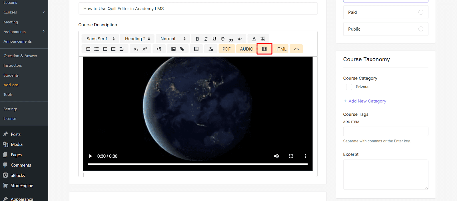 Video Settings Quill editor in Academy LMS