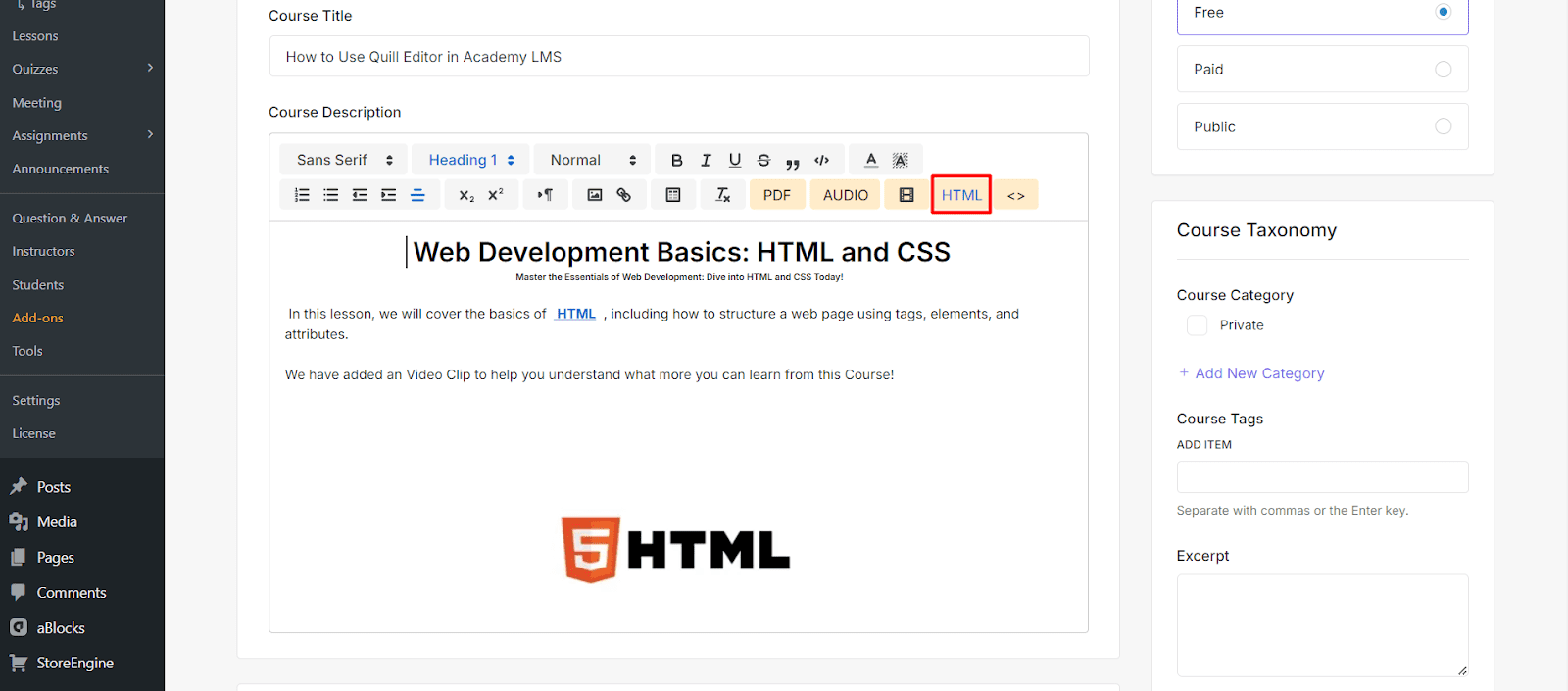 Custom HTML Settings Quill editor in Academy LMS