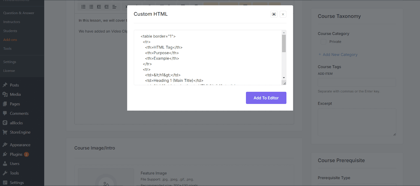 Custom HTML Settings Quill editor in Academy LMS 2