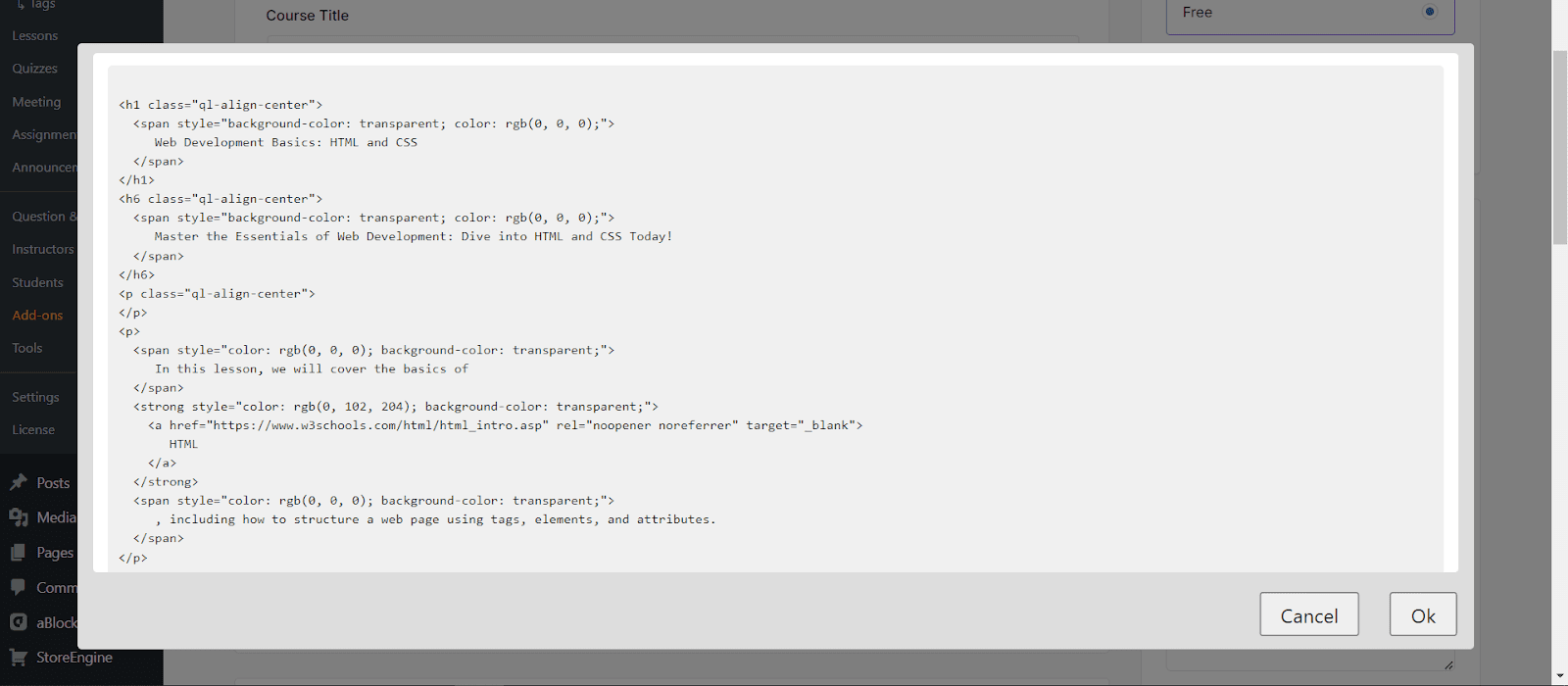Show HTML Settings Quill editor in Academy LMS 2