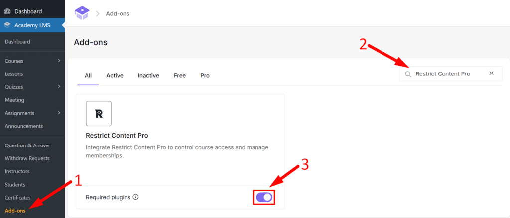 enable retrict content pro addon of Academy LMS