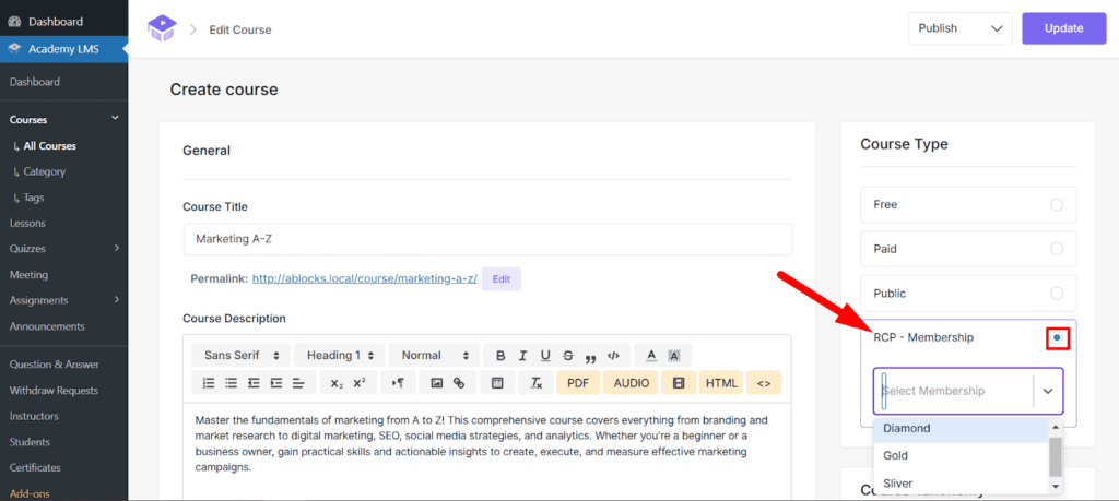 assign restrict content pro in academy lms course