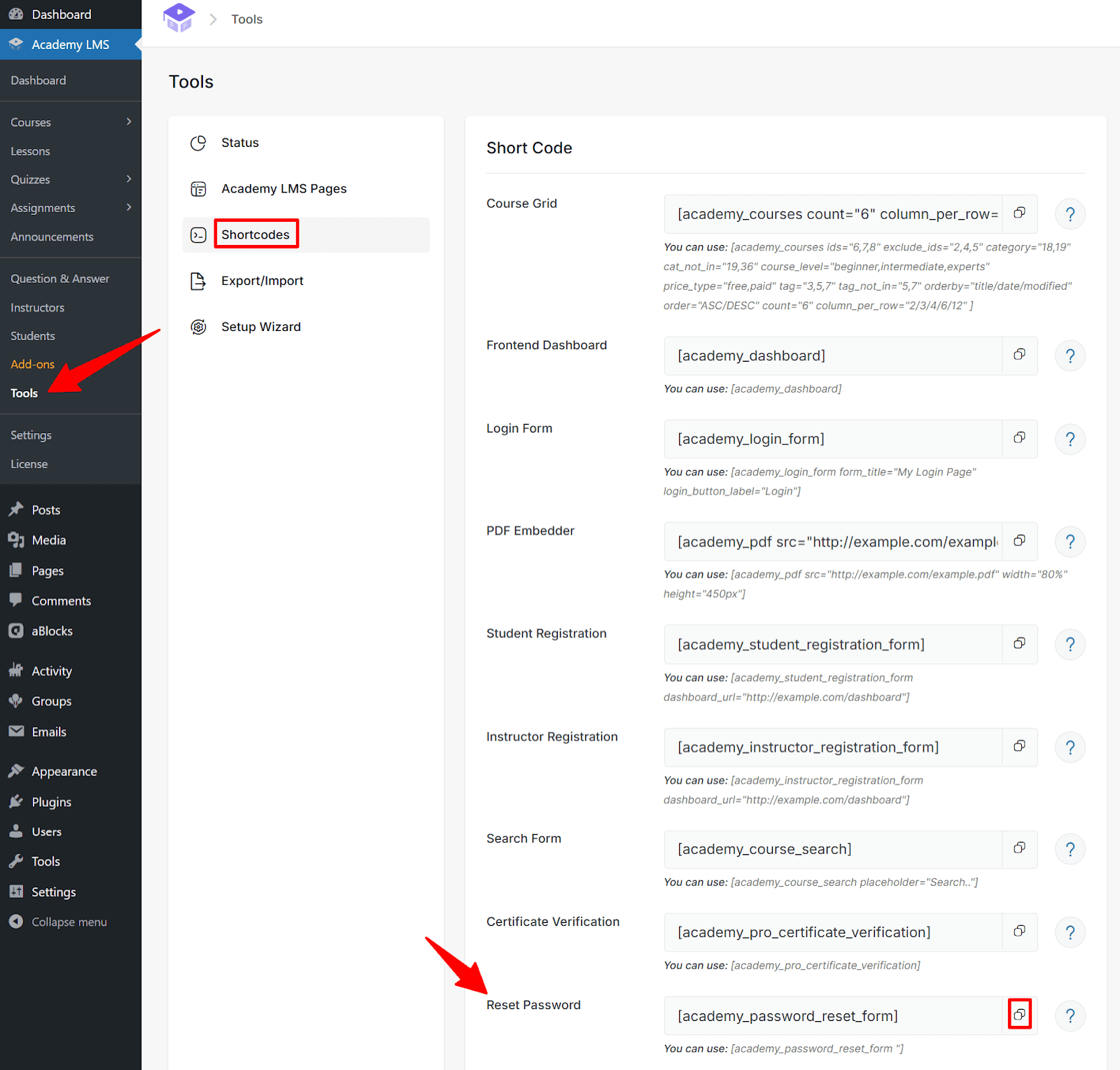 Academy LMS shortcode menu from tools menu