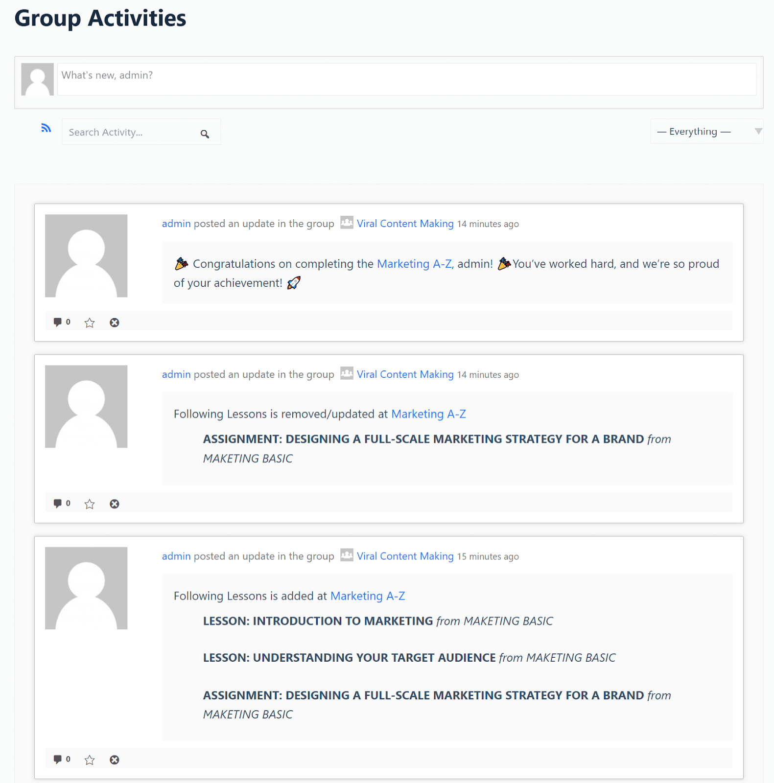 group activities showing in frontend