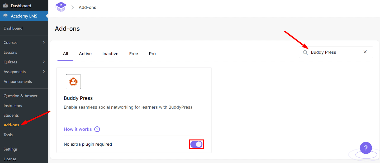 Integrate BuddyPress with Academy LMS: Enable buddpress addon