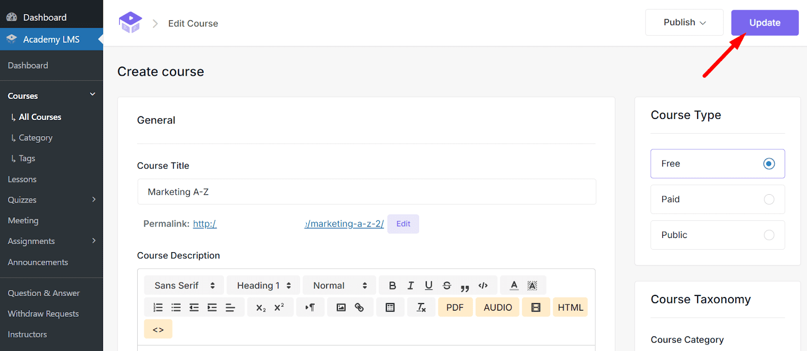 update course of Academy LMS