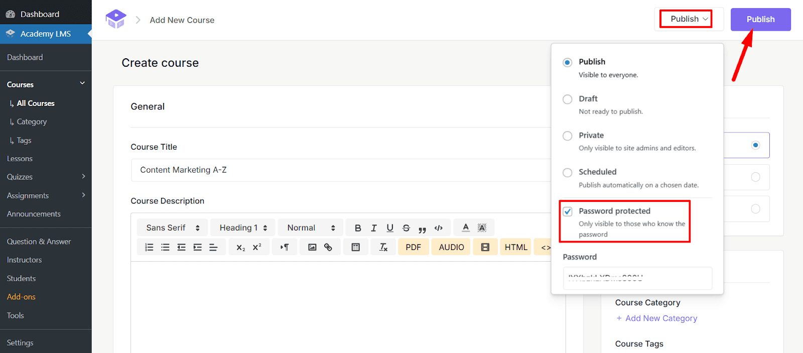 make password protected course and publish