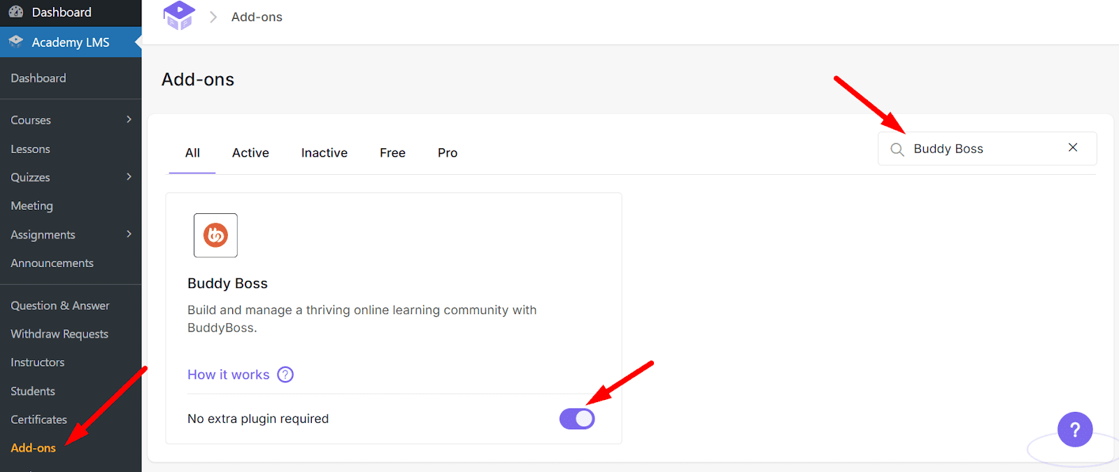 enable buddyboss addon of Academy LMS