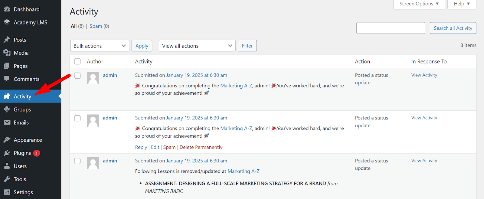 activities showing in dashboard