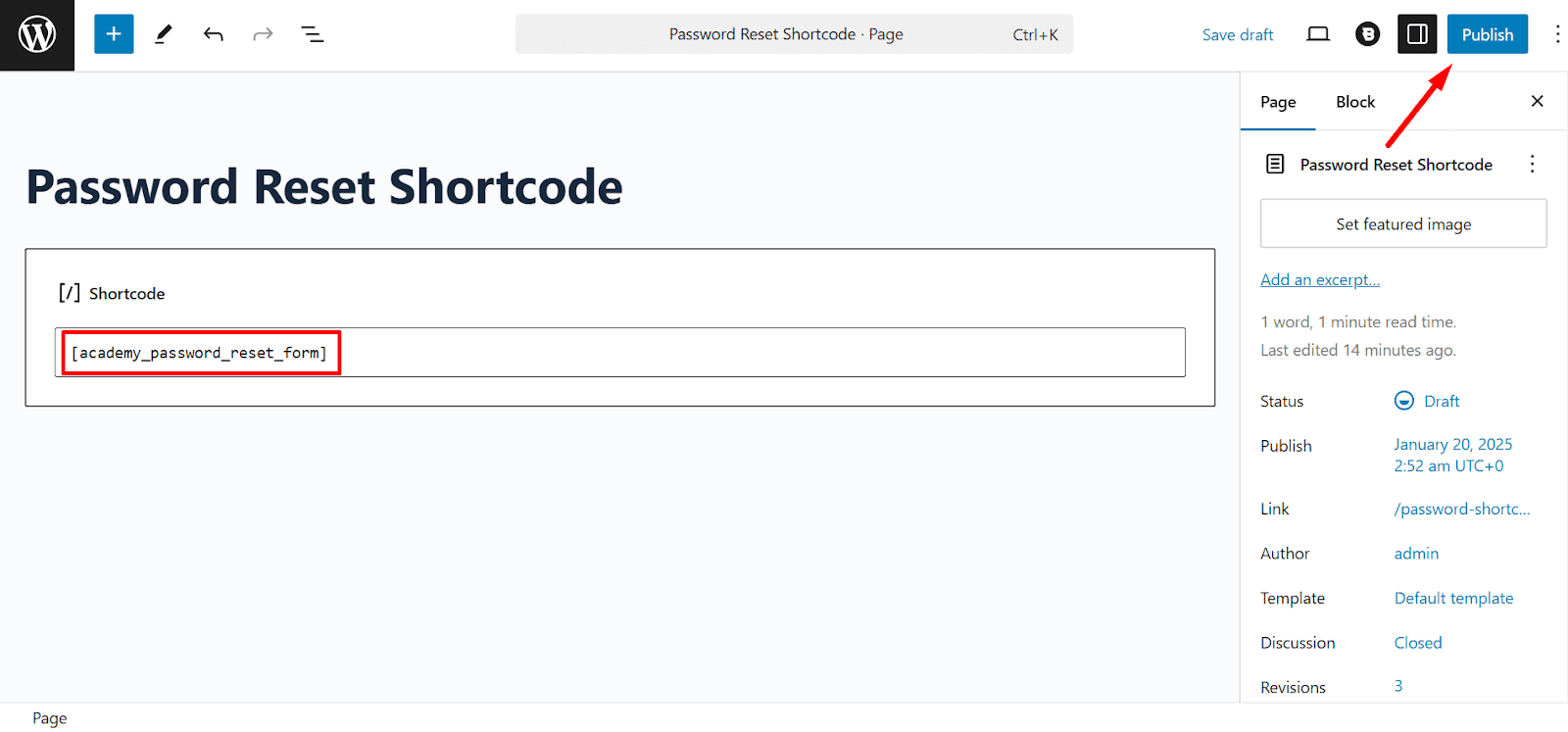 insert Academy LMS Password Reset Form Shortcode