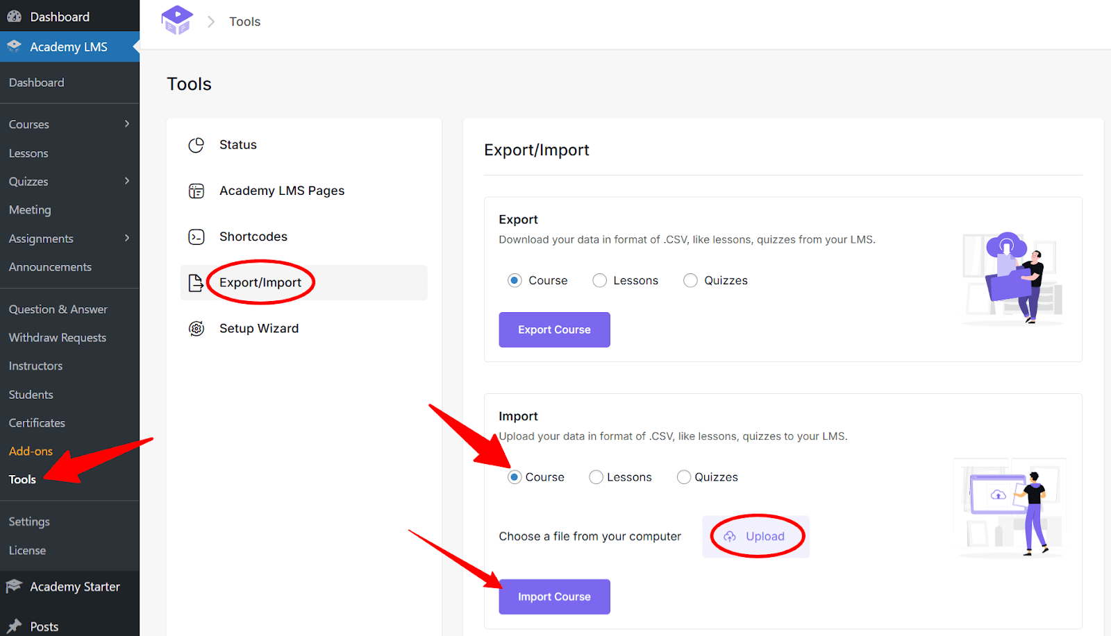 Academy LMS import course features