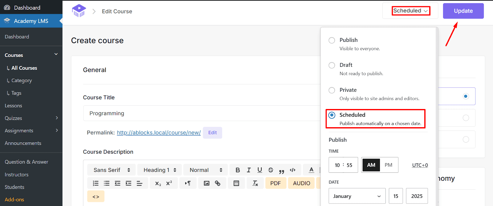 Academy LMS Course Schedule