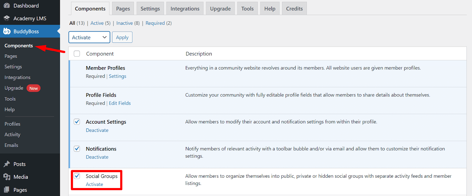 buddyboss integration: active the component of buddyboss