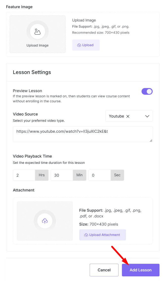 upload a Feature Image for the lesson