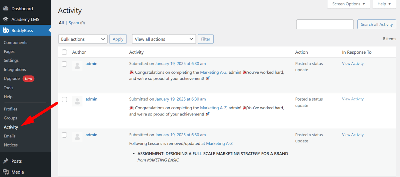 activity showing in buddyboss