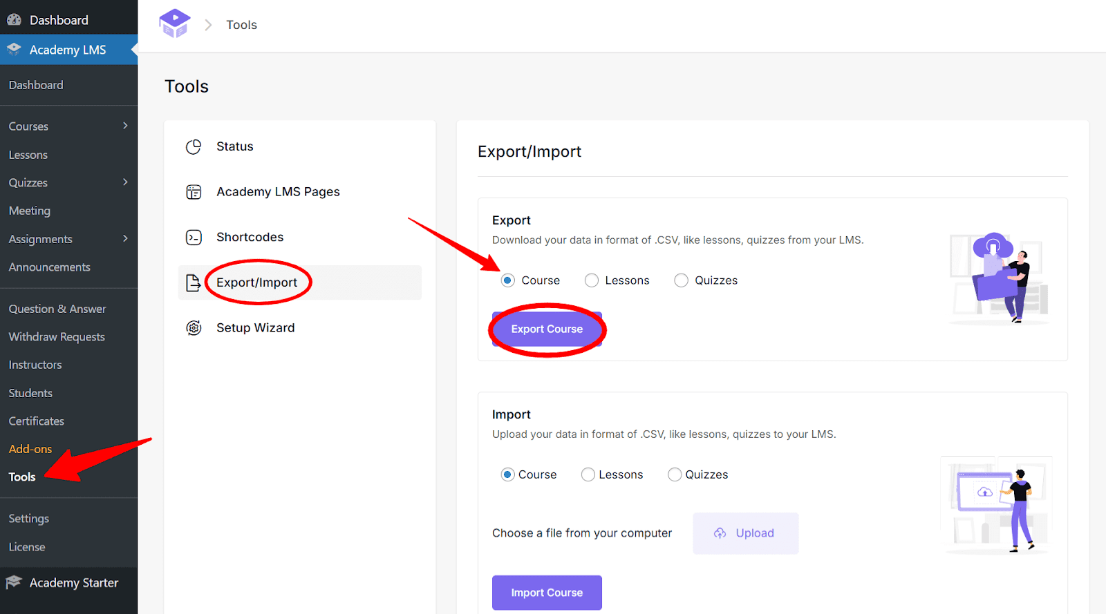 Academy LMS course export feature