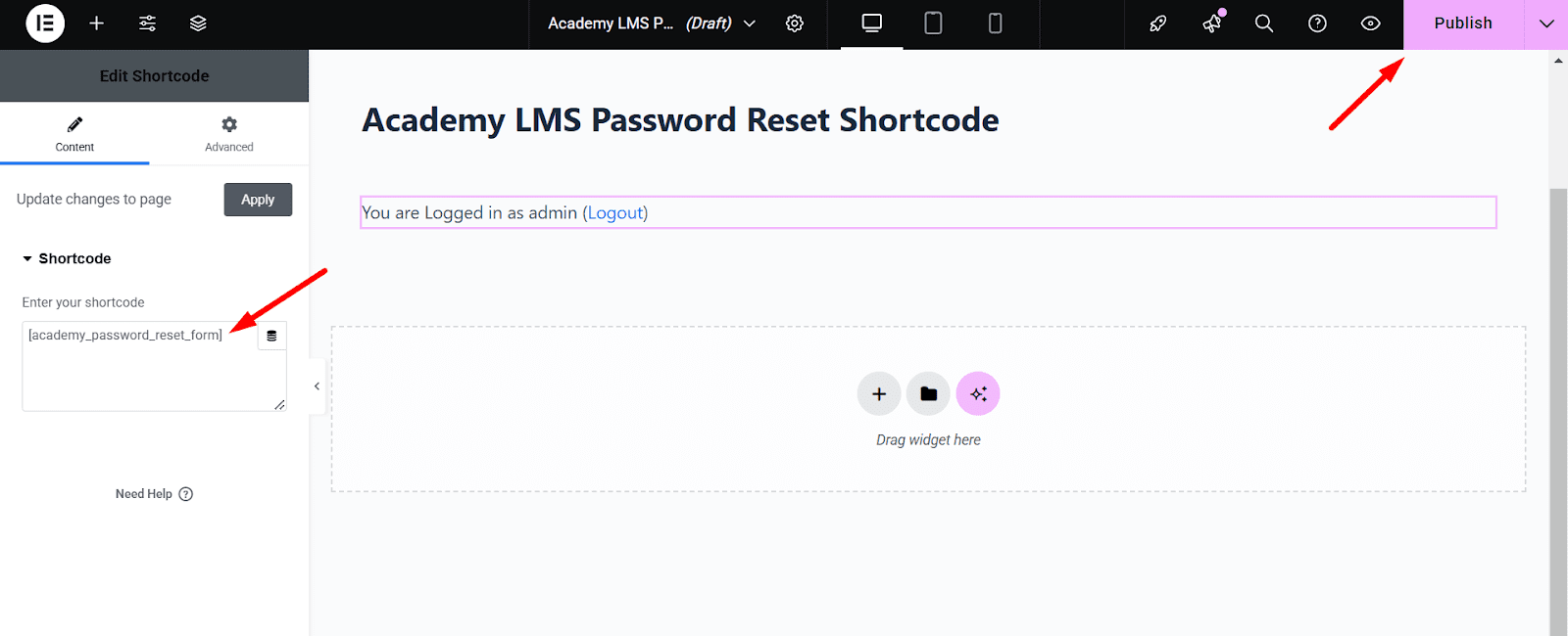 elementor example of Academy LMS password reset shortcode
