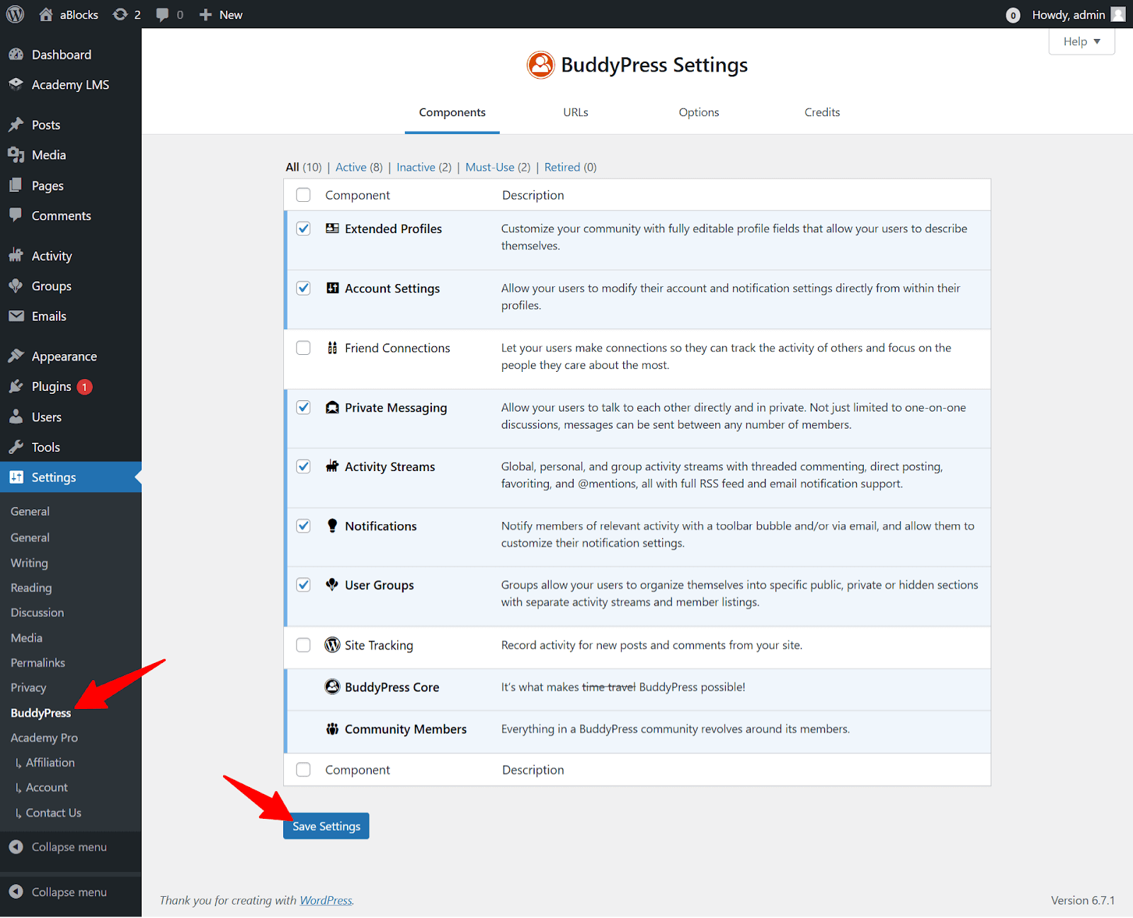 activate buddypress components 
