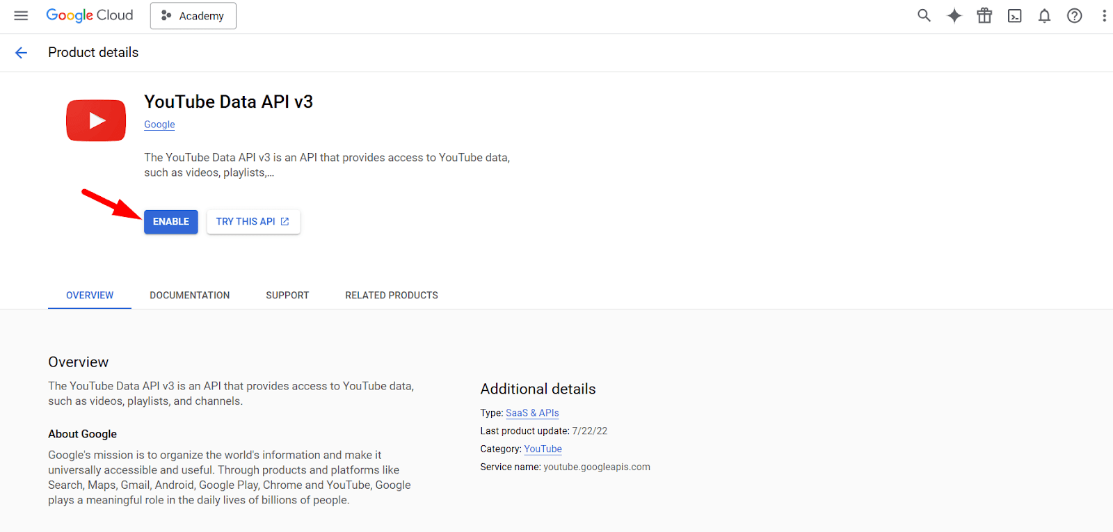 Enable button to activate the API for your project