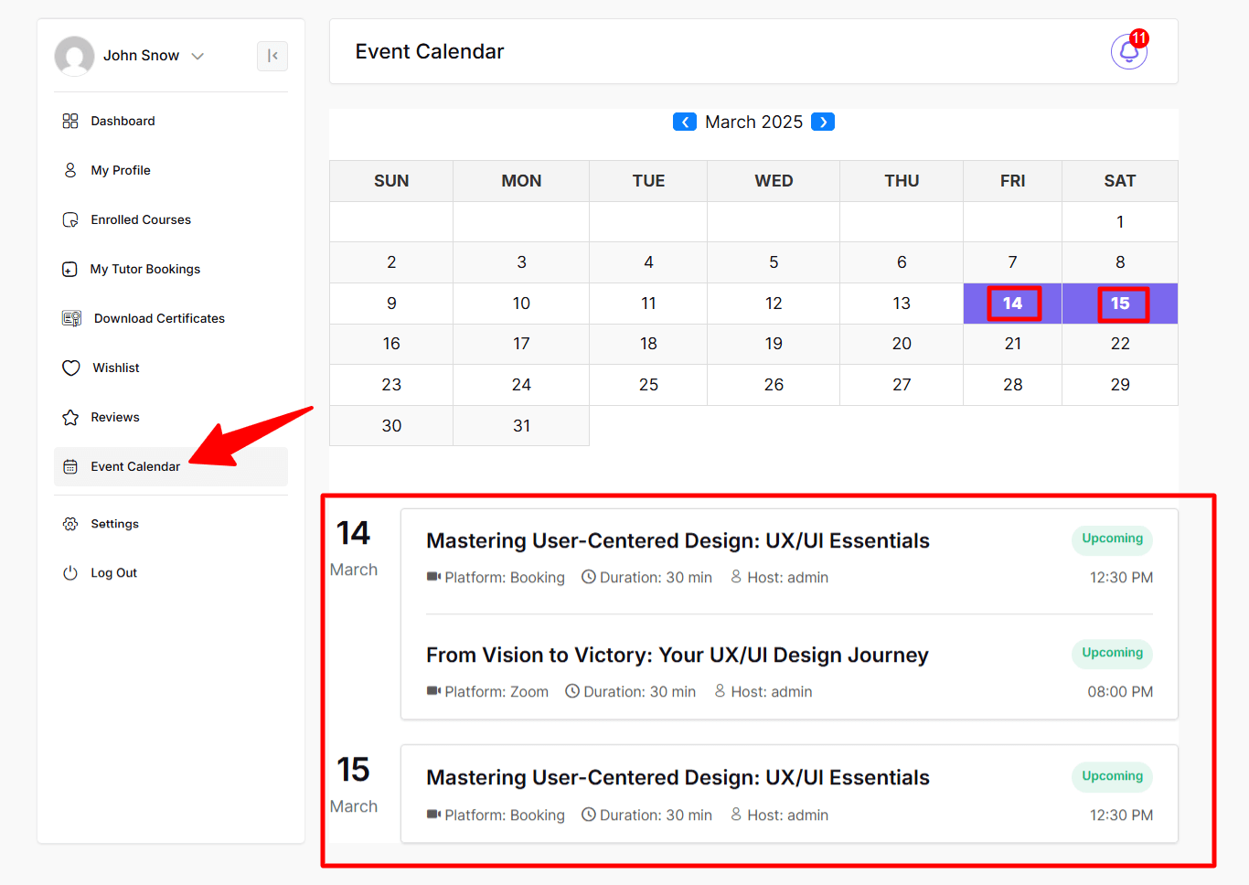 Using the Calendar Add-on on the Student Frontend Dashboard