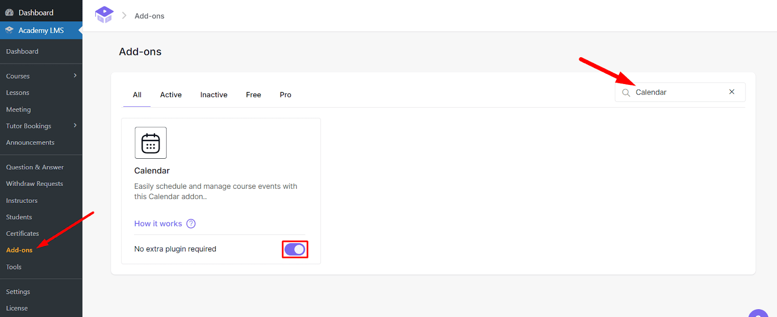 Enabling the Academy LMS Calendar Addon