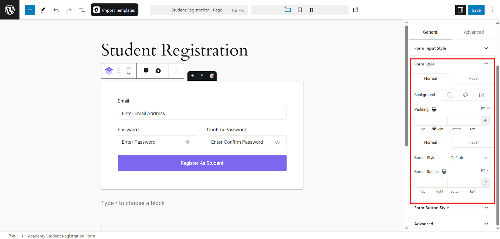 Customize the Form Style option