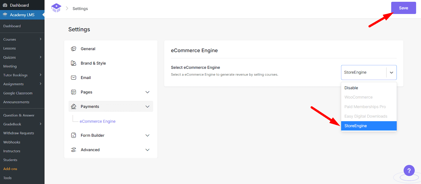 set StoreEngine as the eCommerce engine