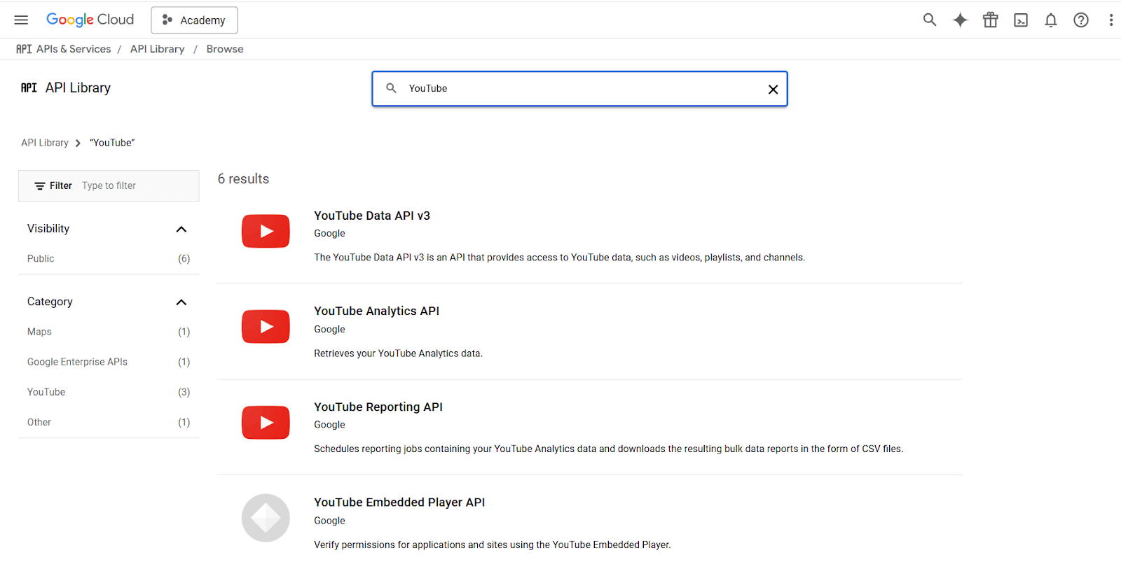 Google Cloud Console API Library with 'YouTube' searched in the search bar