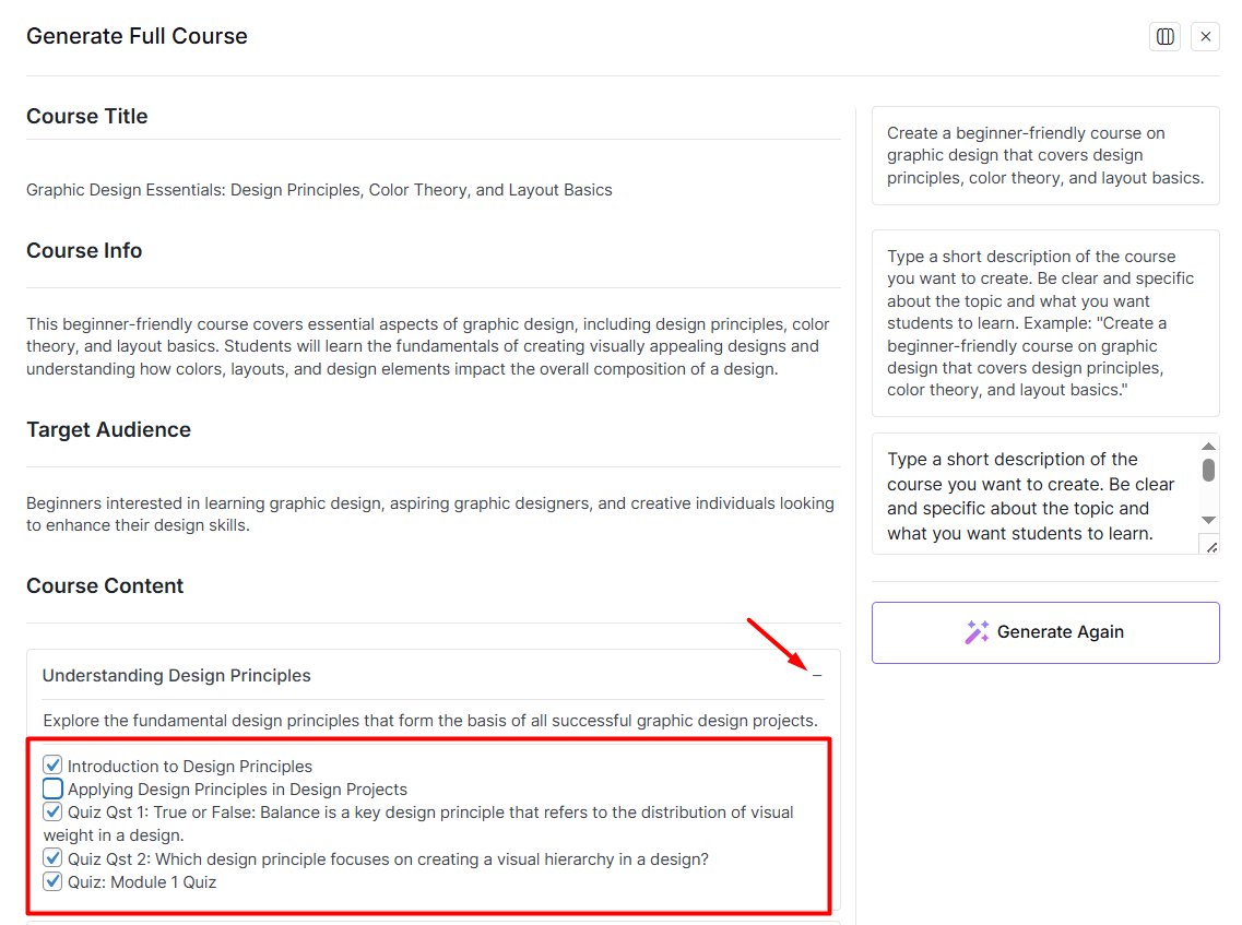 select or deselct course content you want
