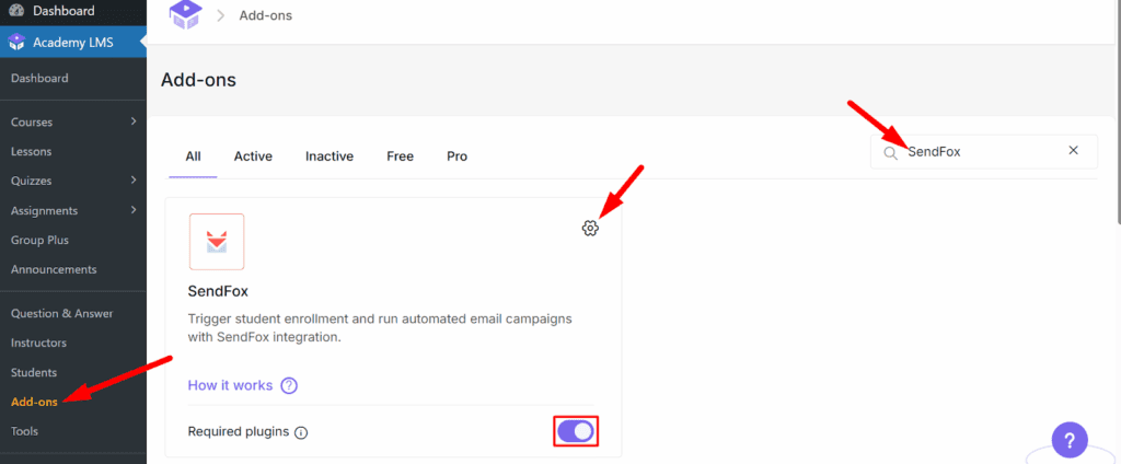 Enable the SendFox Addon in Academy LMS