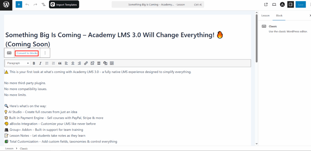 Editing the Lesson in Gutenberg