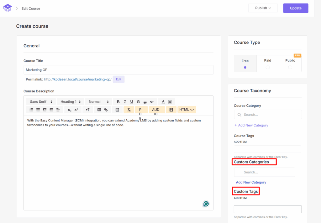 created taxonomies available in the course editor