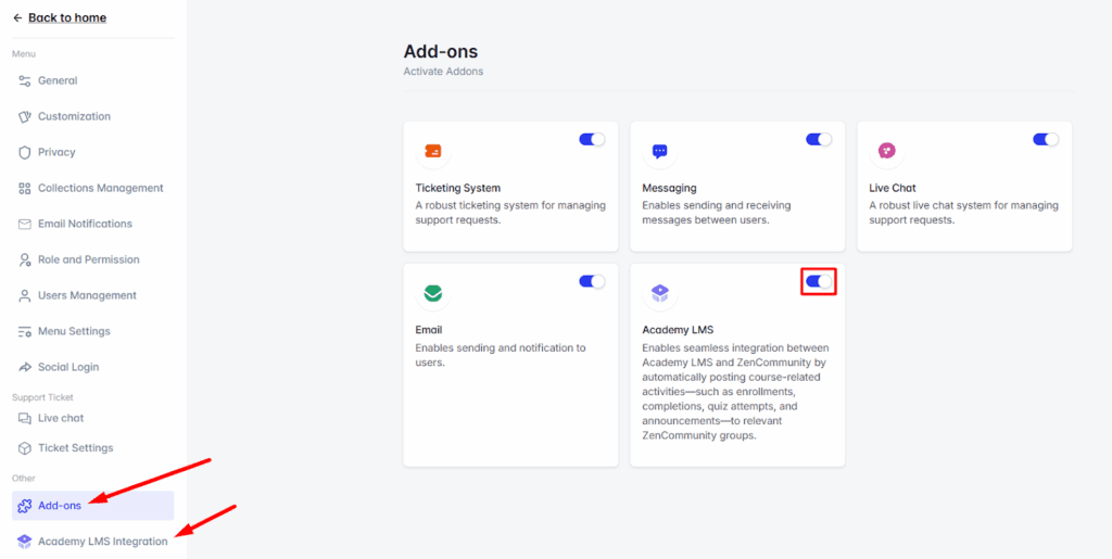 Activate Academy LMS Add-on from the ZenCommunity Add-on Section