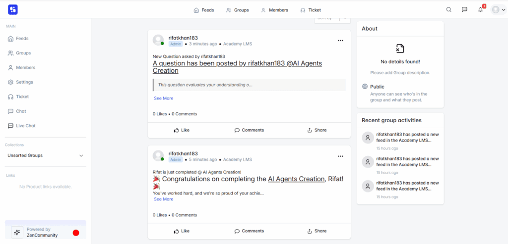 Automatic course activity updates in ZenCommunity group feed.