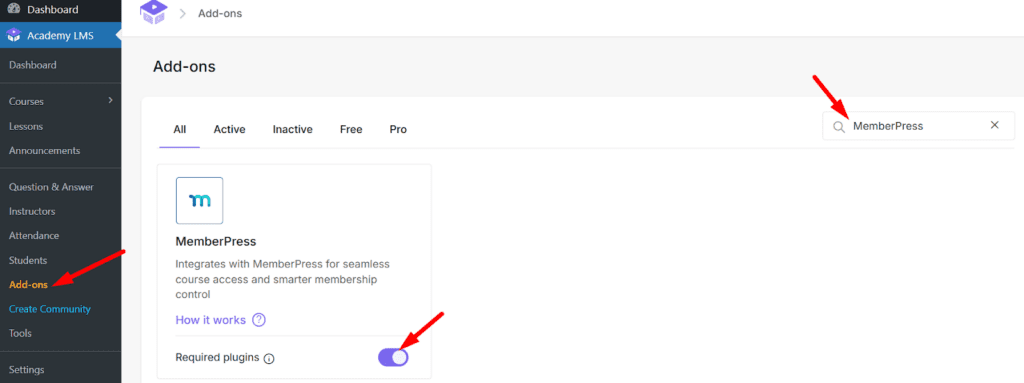 Activate the MemberPress Integration Addon