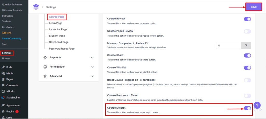 Course Excerpt Setting